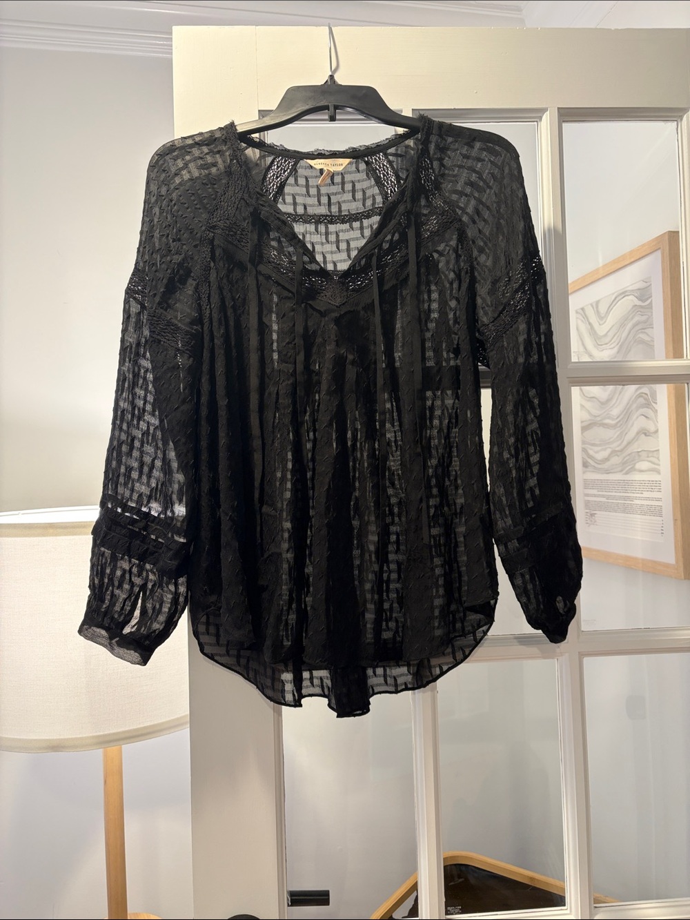 Rebecca Taylor Black Sheer Lace-Trim Peasant Blouse